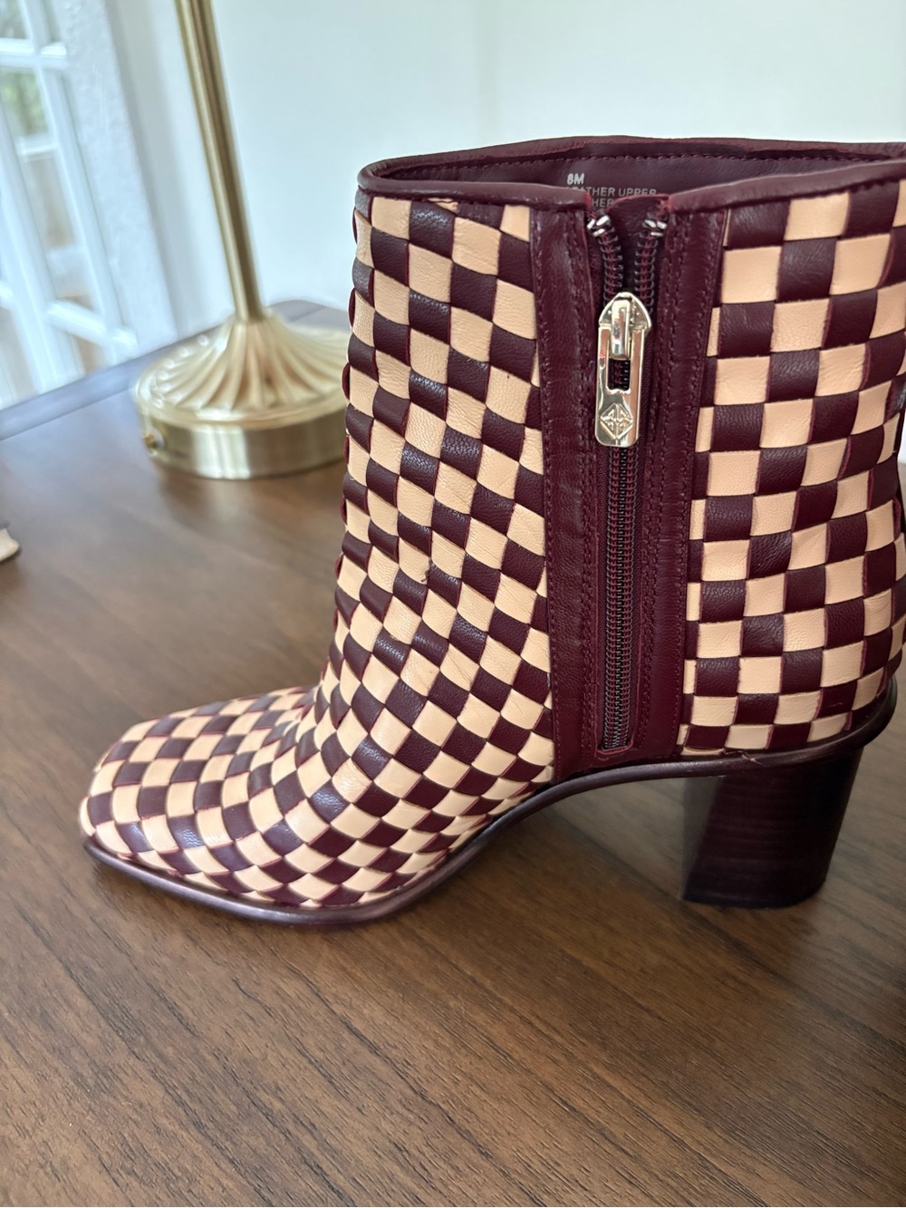 ANTONIO MELANI Woven Leather Checkered Ankle Boots in Cream and Burgundy - Picture 3 of 6